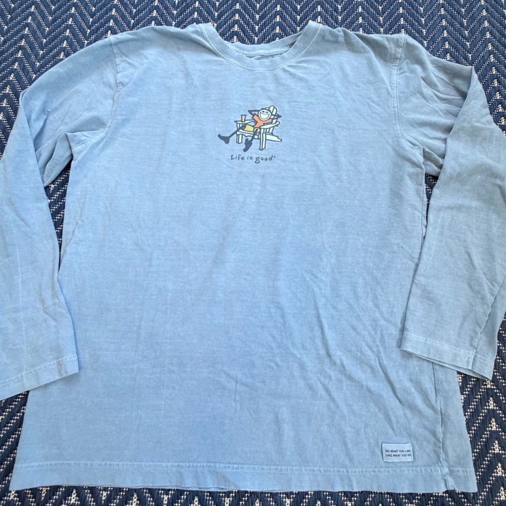 Life is Good Long Sleeve Graphic Crusher Tee Shirt Mens Large Blue